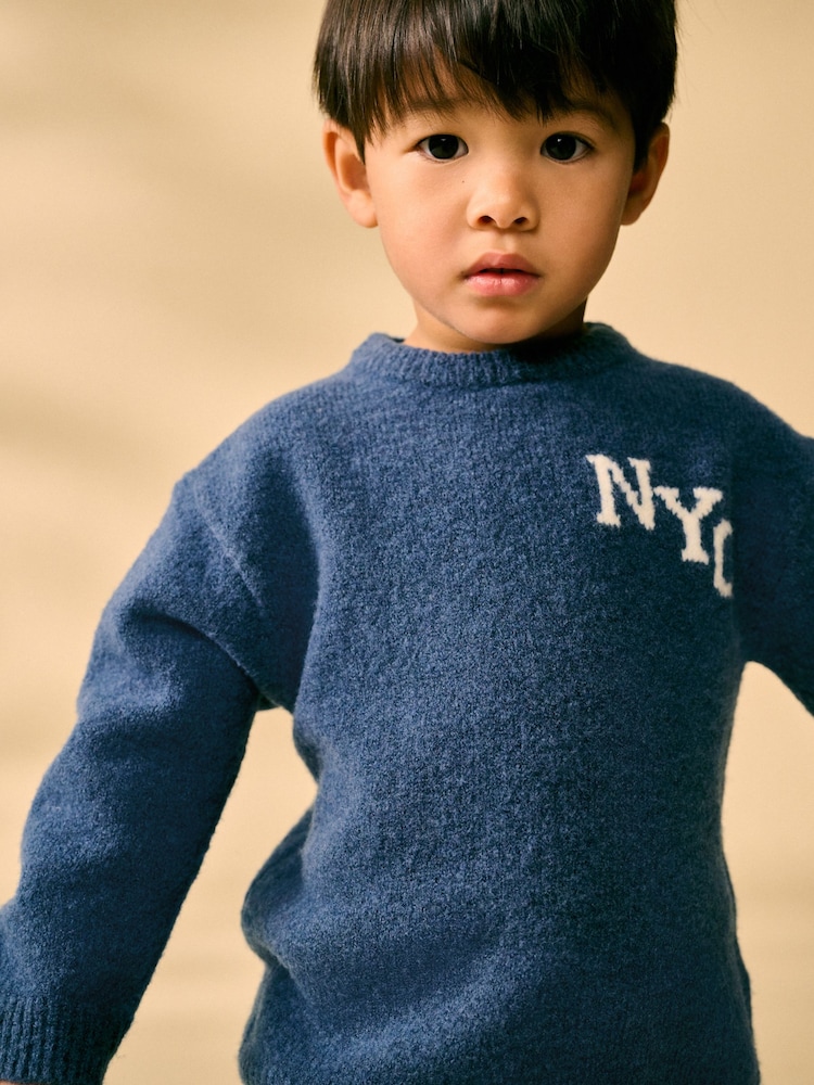 Navy Blue Knitted NYC Varsity Jumper and Joggers Set (3mths-7yrs) - Image 6 of 13