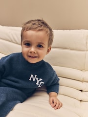 Navy Blue Knitted NYC Varsity Jumper and Joggers Set (3mths-7yrs) - Image 8 of 13
