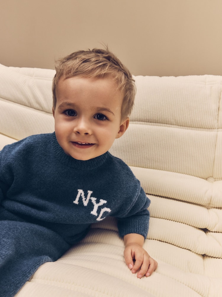 Navy Blue Knitted NYC Varsity Jumper and Joggers Set (3mths-7yrs) - Image 8 of 13