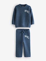 Navy Blue Knitted NYC Varsity Jumper and Joggers Set (3mths-7yrs) - Image 9 of 13
