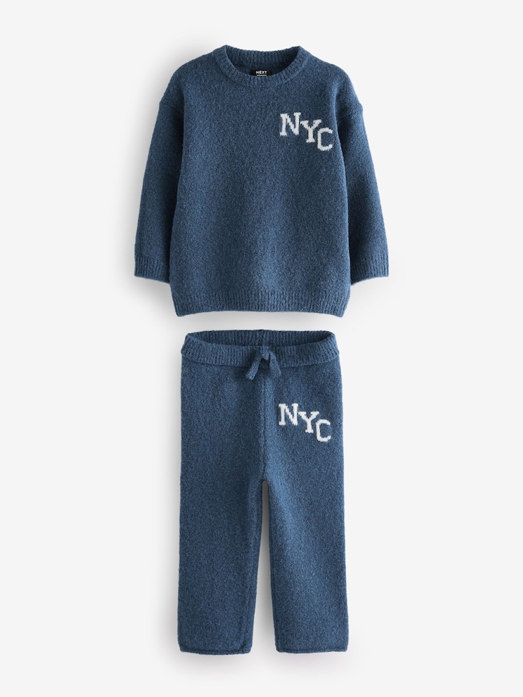 Navy Blue Knitted NYC Varsity Jumper and Joggers Set (3mths-7yrs) - Image 9 of 13