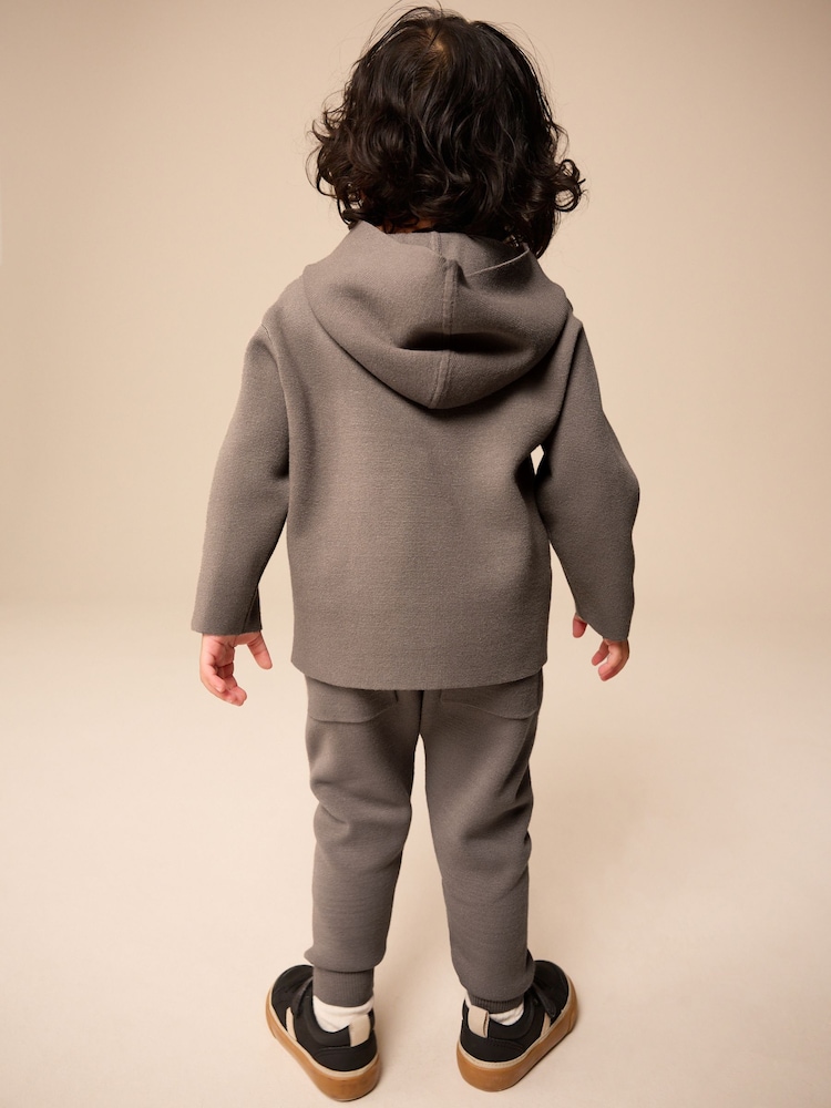 Neutral Knitted Zip Neck Utility Hoodie and Joggers Set (3mths-7yrs) - Image 2 of 9