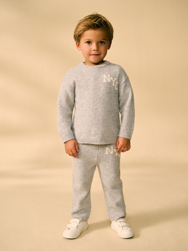 Grey Knitted NYC Varsity Jumper and Joggers Set (3mths-7yrs) - Image 1 of 7