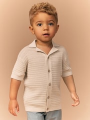 Stone Textured Revere Collar Short Sleeve Knitted 100% Cotton Polo Shirt (3mths-7yrs) - Image 1 of 8