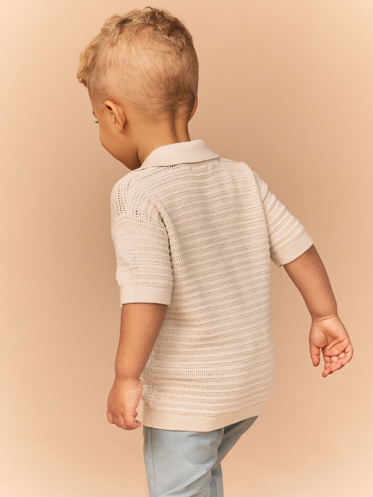 Stone Textured Revere Collar Short Sleeve Knitted 100% Cotton Polo Shirt (3mths-7yrs) - Image 2 of 8