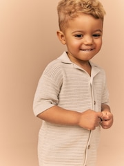 Stone Textured Revere Collar Short Sleeve Knitted 100% Cotton Polo Shirt (3mths-7yrs) - Image 4 of 8