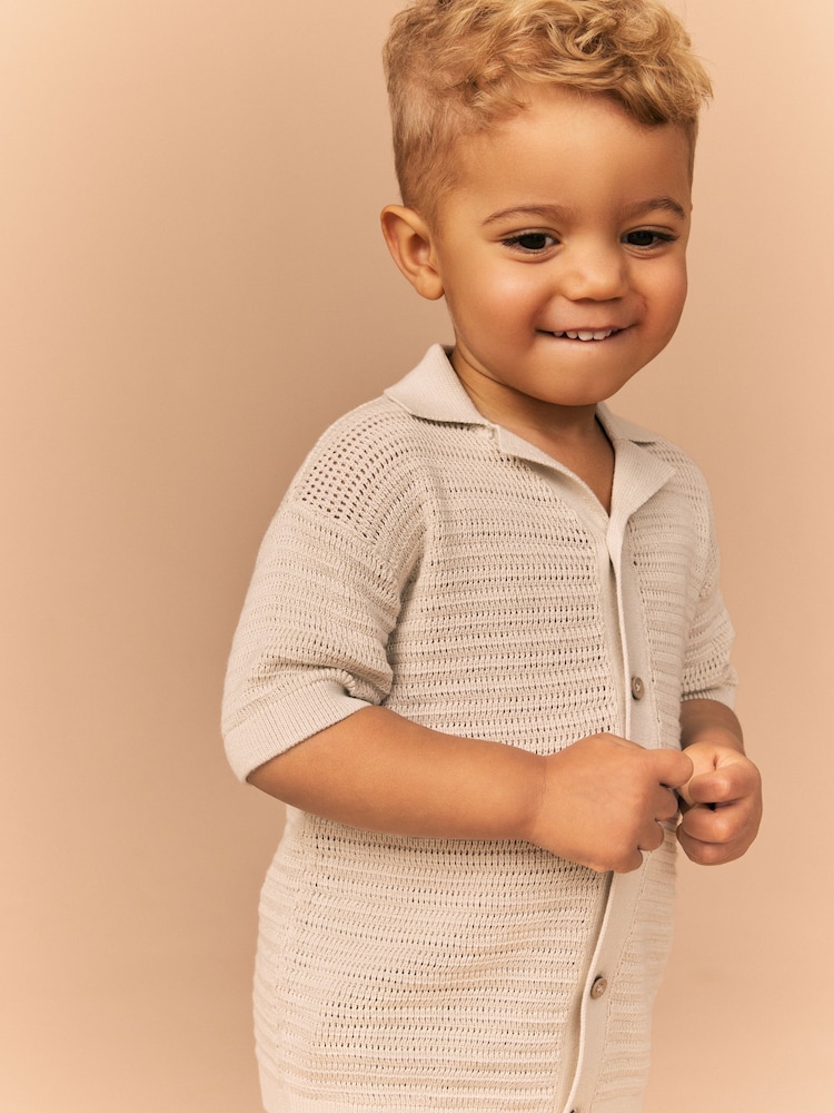 Stone Textured Revere Collar Short Sleeve Knitted 100% Cotton Polo Shirt (3mths-7yrs) - Image 4 of 8