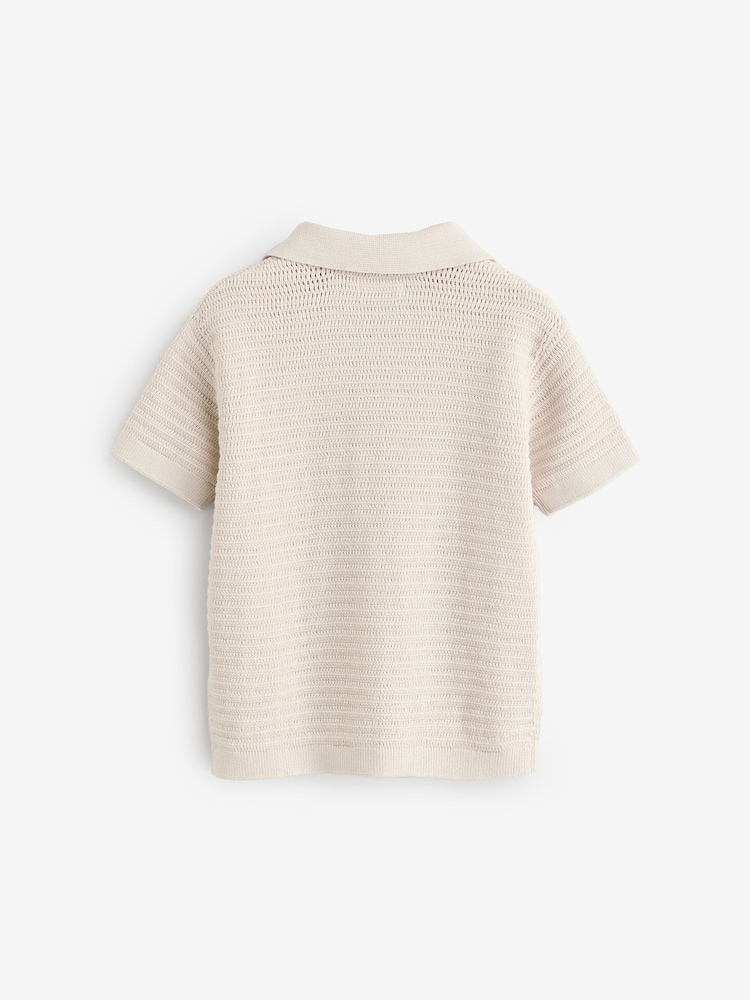Stone Textured Revere Collar Short Sleeve Knitted 100% Cotton Polo Shirt (3mths-7yrs) - Image 6 of 8