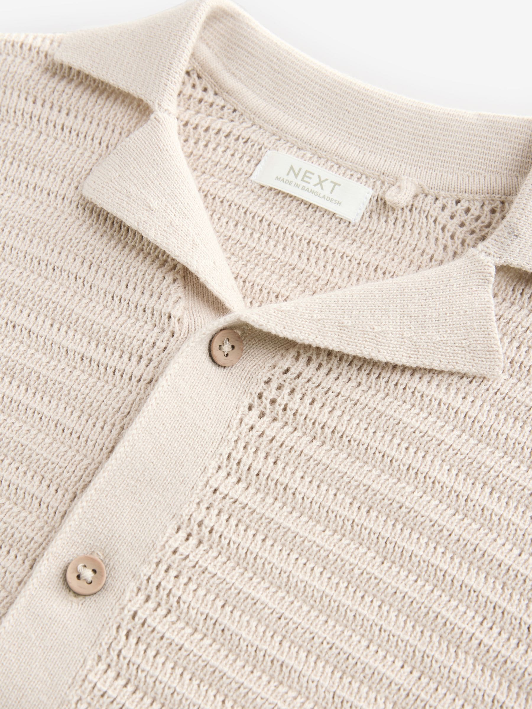 Buy Stone Textured Revere Collar Short Sleeve Knitted 100