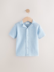 Blue Textured Revere Collar Short Sleeve Knitted 100% Cotton Polo Shirt (3mths-7yrs) - Image 1 of 4