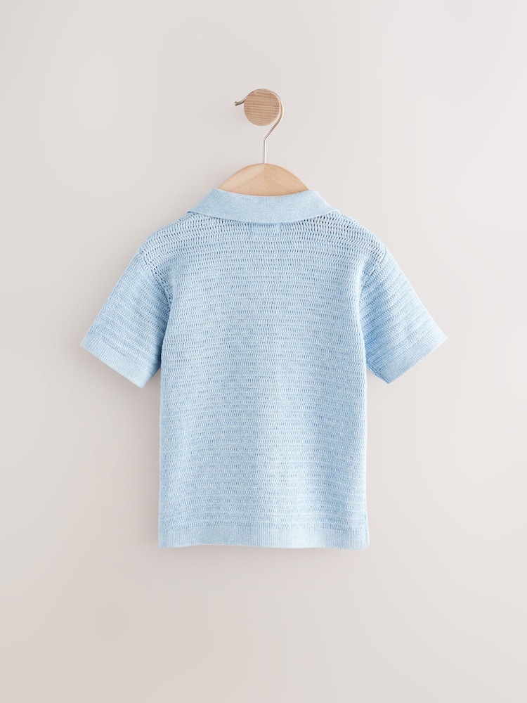 Blue Textured Revere Collar Short Sleeve Knitted 100% Cotton Polo Shirt (3mths-7yrs) - Image 2 of 4