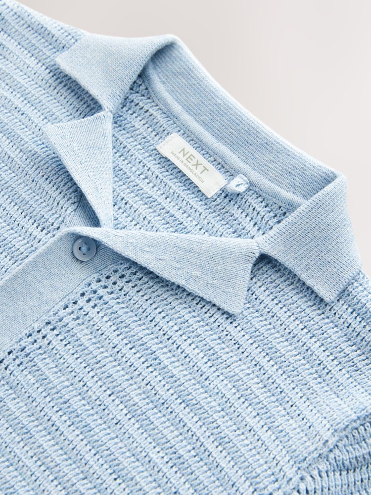 Blue Textured Revere Collar Short Sleeve Knitted 100% Cotton Polo Shirt (3mths-7yrs) - Image 3 of 4