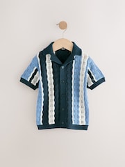 Blue Crochet Revere Collar Short Sleeve Knitted Polo Shirt (3mths-7yrs) - Image 1 of 4