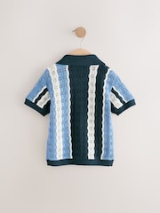 Blue Crochet Revere Collar Short Sleeve Knitted Polo Shirt (3mths-7yrs) - Image 2 of 4