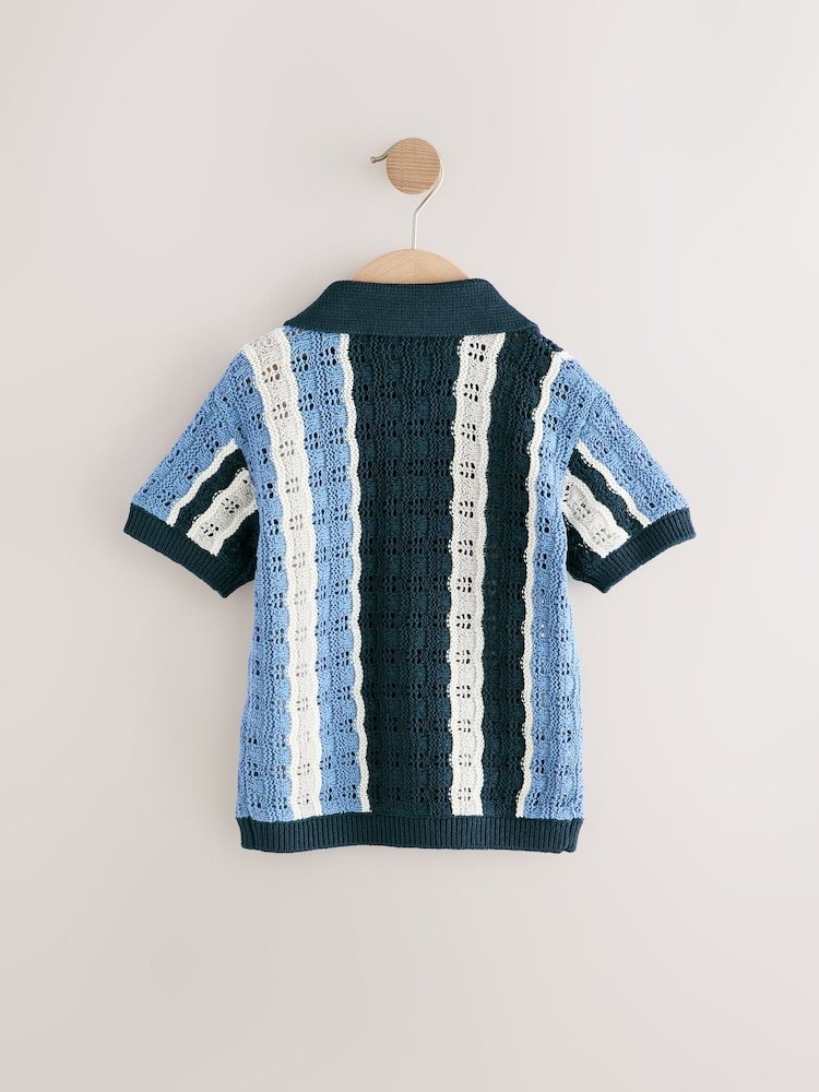 Blue Crochet Revere Collar Short Sleeve Knitted Polo Shirt (3mths-7yrs) - Image 2 of 4