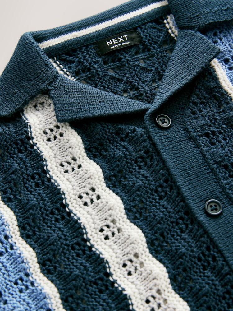 Blue Crochet Revere Collar Short Sleeve Knitted Polo Shirt (3mths-7yrs) - Image 4 of 4