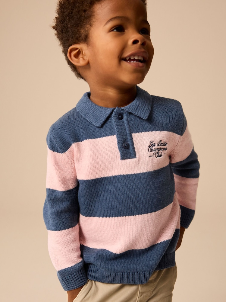 Navy Blue/Pink Stripe Knitted Rugby Shirt (3mths-7yrs) - Image 1 of 8 Navy Blue/Pink Stripe Knitted Rugby Shirt (3mths-7yrs) - Image 1 of 8