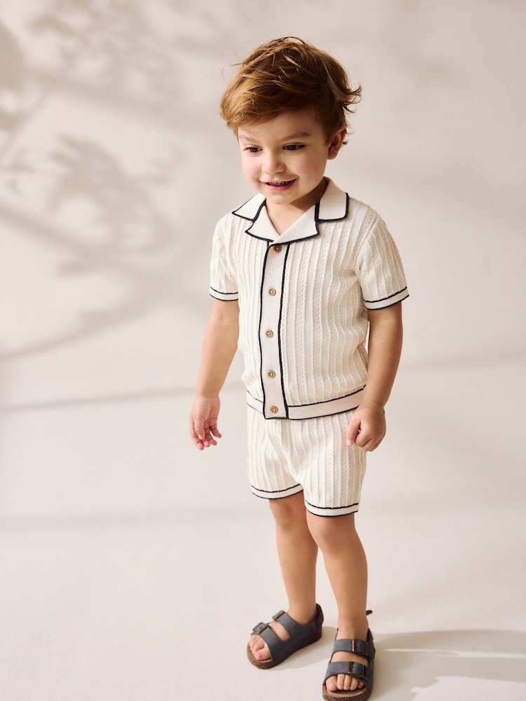 Ecru Knitted Button Through Polo Shirt and Shorts Set (3mths-10yrs) - Image 1 of 8