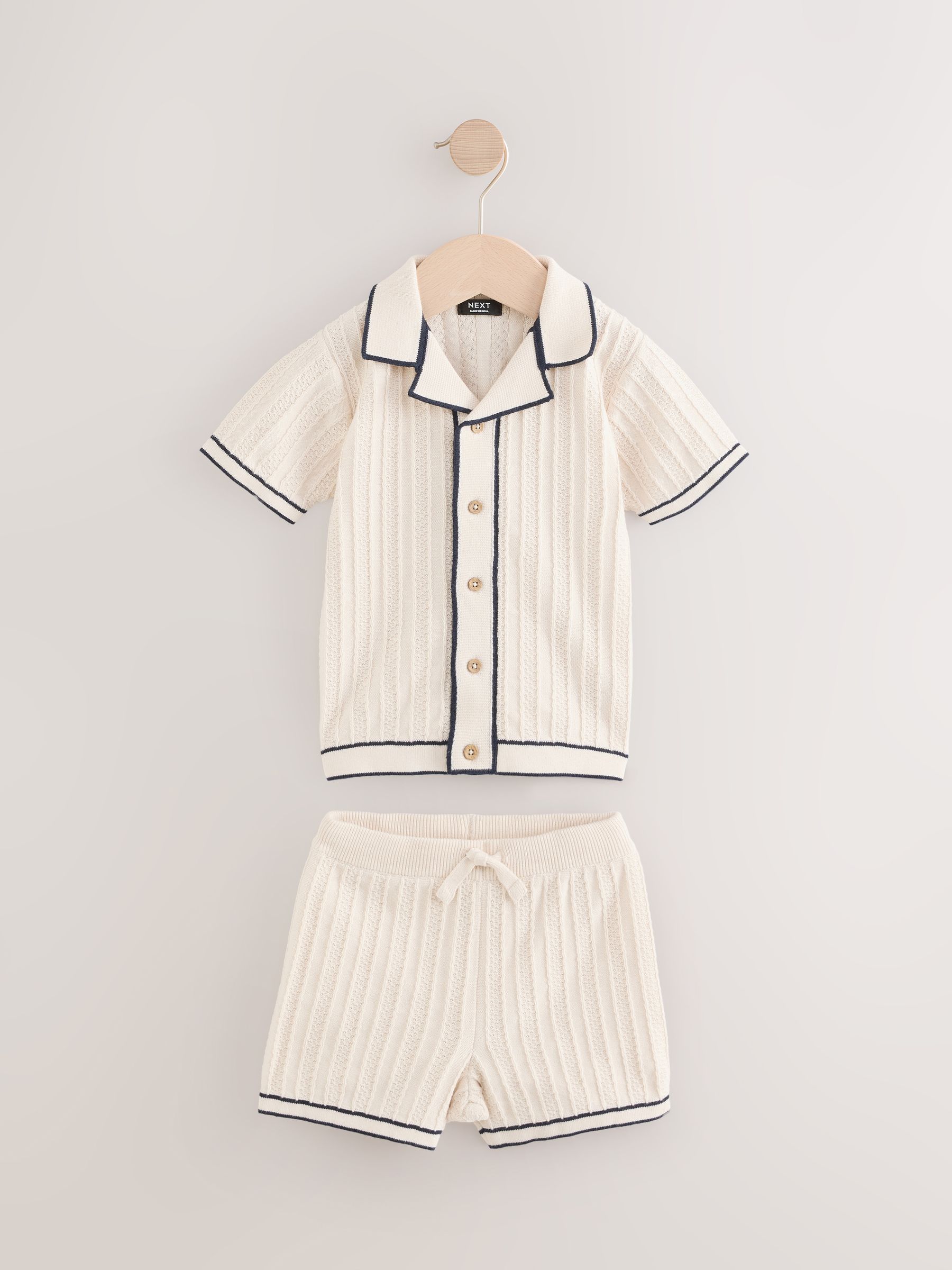 Buy Ecru Knitted Button Through Polo Shirt and Shorts Set