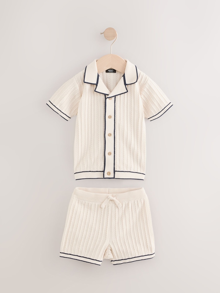 Ecru Knitted Button Through Polo Shirt and Shorts Set (3mths-10yrs) - Image 5 of 8