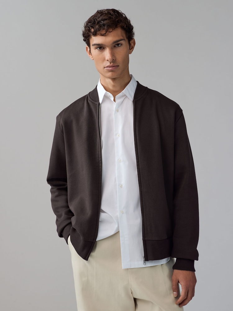 Chocolate Brown Zip Through Cotton Rich Jersey Bomber Jacket - Image 1 of 9