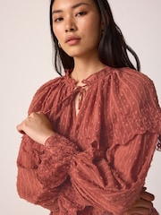 Pink/Rust Sheer Cape Tie Neck Embroidered Blouse - Image 1 of 7