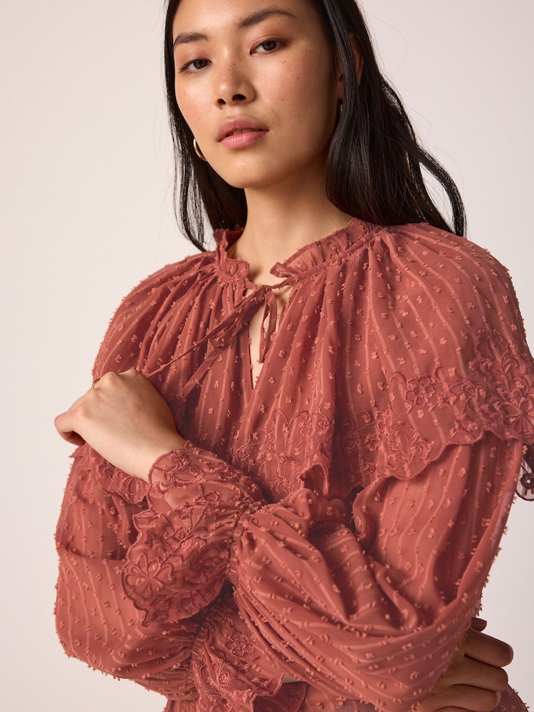 Pink/Rust Sheer Cape Tie Neck Embroidered Blouse - Image 1 of 7