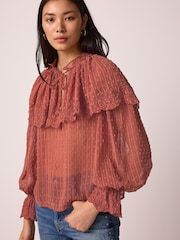 Pink/Rust Sheer Cape Tie Neck Embroidered Blouse - Image 2 of 7