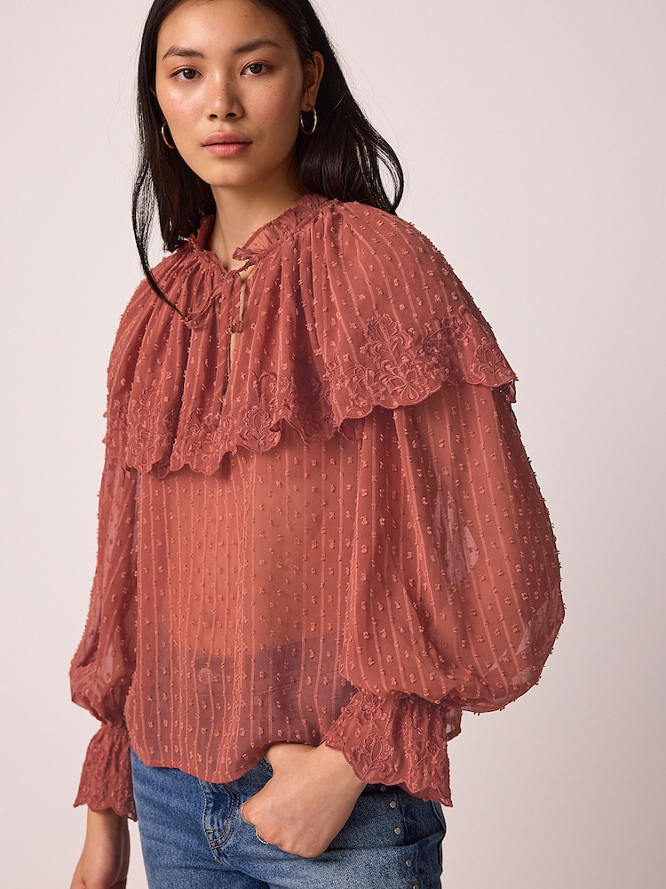 Pink/Rust Sheer Cape Tie Neck Embroidered Blouse - Image 2 of 7