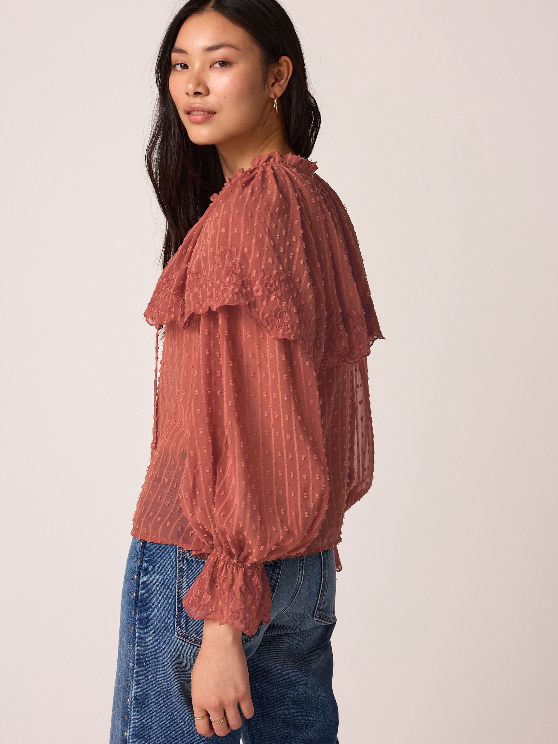 Buy Pink/Rust Sheer Cape Tie Neck Embroidered Blouse from