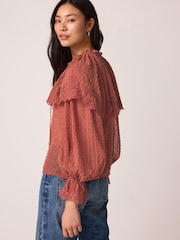 Pink/Rust Sheer Cape Tie Neck Embroidered Blouse - Image 3 of 7