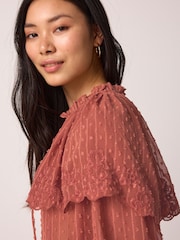 Pink/Rust Sheer Cape Tie Neck Embroidered Blouse - Image 5 of 7