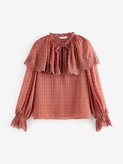 Pink/Rust Sheer Cape Tie Neck Embroidered Blouse - Image 6 of 7
