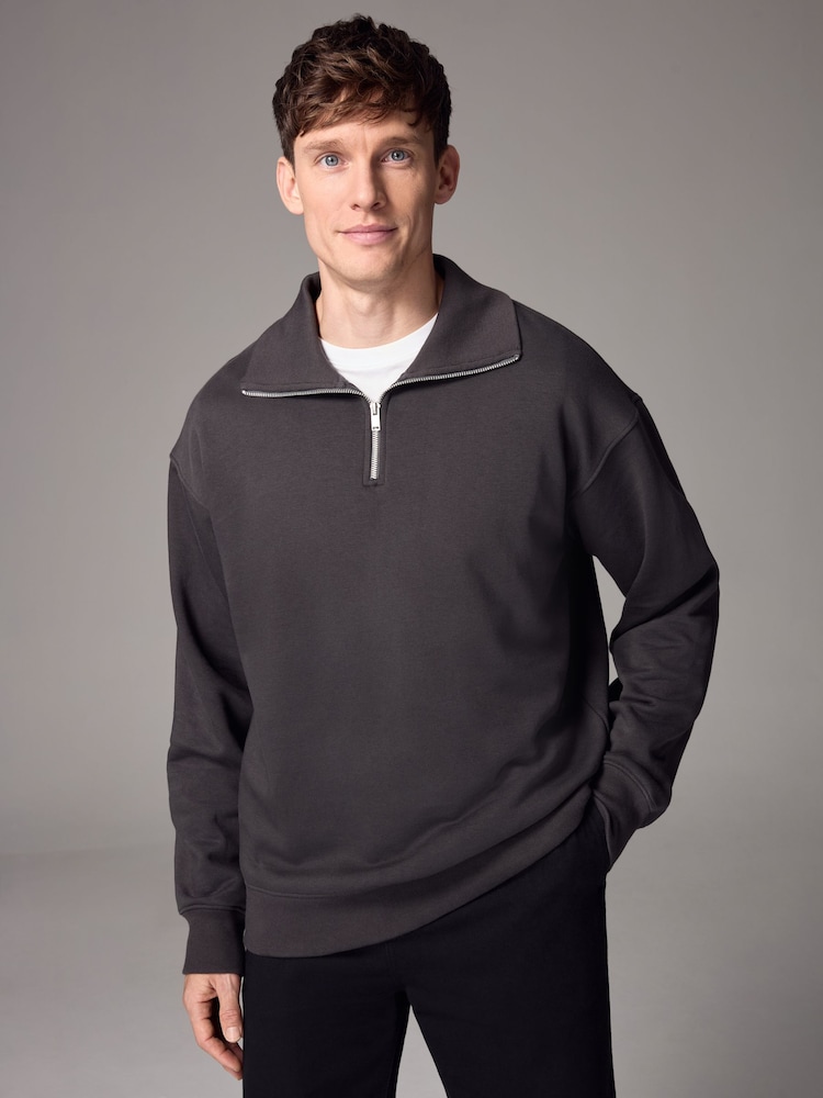 Slate Grey Quarter Zip Neck Funnel Sweatshirt - Image 1 of 9
