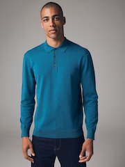 Blue Teal Regular Fit Knitted Long Sleeve Polo Shirt - Image 1 of 7