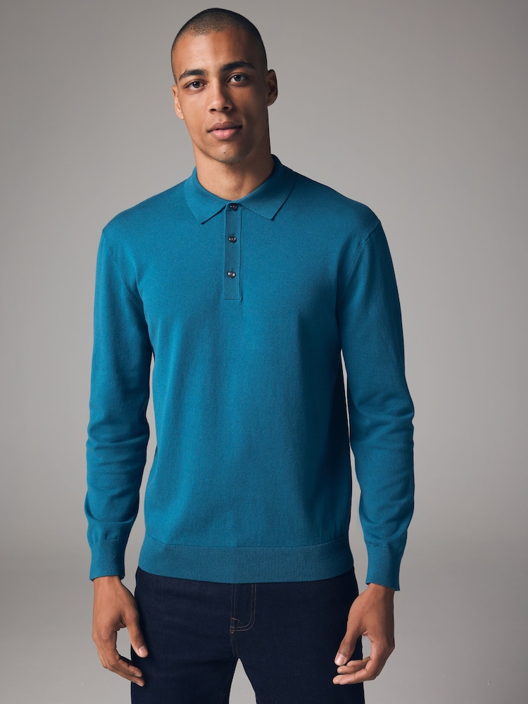 Blue Teal Regular Fit Knitted Long Sleeve Polo Shirt - Image 1 of 7
