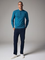 Blue Teal Regular Fit Knitted Long Sleeve Polo Shirt - Image 2 of 7