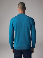 Blue Teal Regular Fit Knitted Long Sleeve Polo Shirt - Image 3 of 7