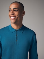 Blue Teal Regular Fit Knitted Long Sleeve Polo Shirt - Image 4 of 7