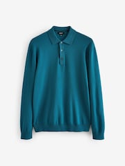 Blue Teal Regular Fit Knitted Long Sleeve Polo Shirt - Image 5 of 7