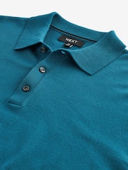 Blue Teal Regular Fit Knitted Long Sleeve Polo Shirt - Image 6 of 7