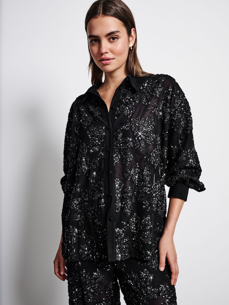 Black Sequin Embellished Sheer Shirt - Image 1 of 8