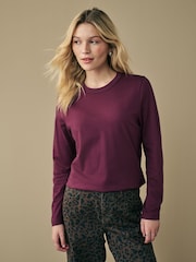 Berry Red Essential Long Sleeve Crew Neck 100% Cotton T-Shirt - Image 1 of 4