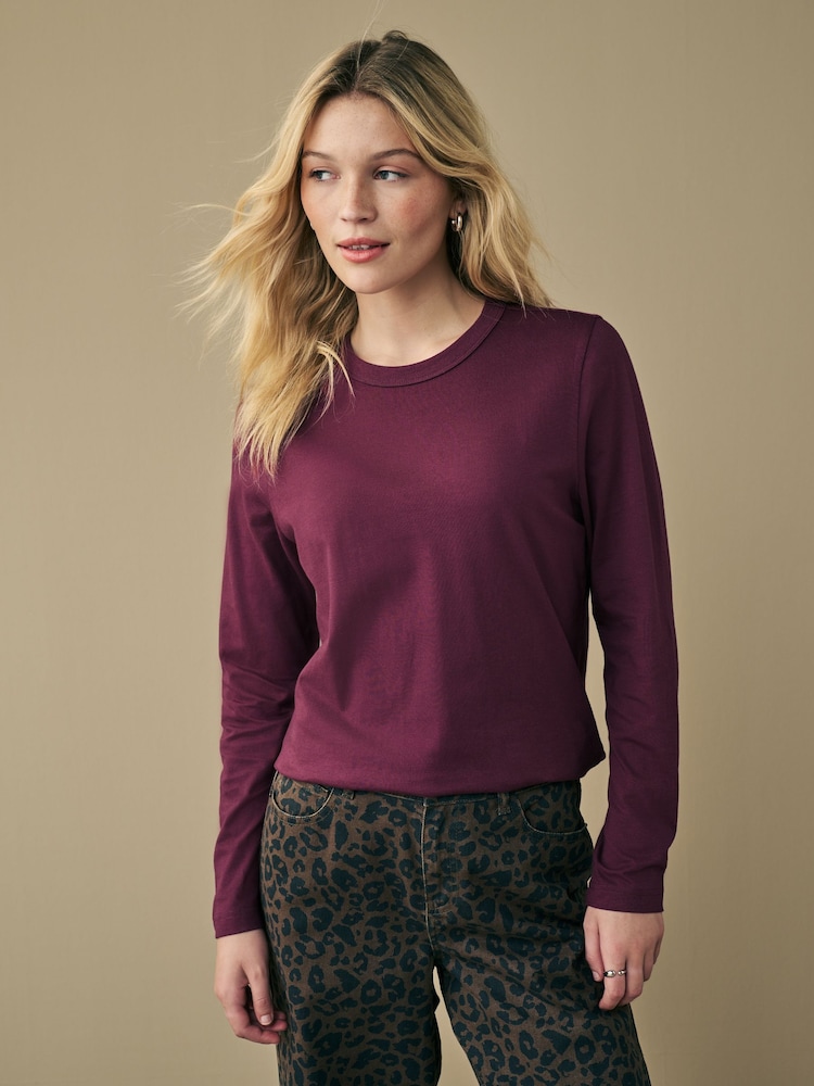 Berry Red Essential Long Sleeve Crew Neck 100% Cotton T-Shirt - Image 1 of 4
