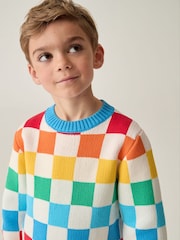 Little Bird by Jools Oliver Multi Rainbow Checkerboard Knitted 100% Cotton Jumper - Image 1 of 7