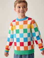 Little Bird by Jools Oliver Multi Rainbow Checkerboard Knitted 100% Cotton Jumper - Image 2 of 7