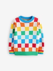 Little Bird by Jools Oliver Multi Rainbow Checkerboard Knitted 100% Cotton Jumper - Image 4 of 7