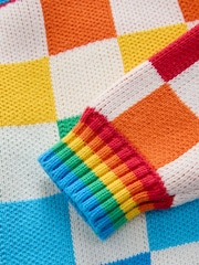 Little Bird by Jools Oliver Multi Rainbow Checkerboard Knitted 100% Cotton Jumper - Image 6 of 7