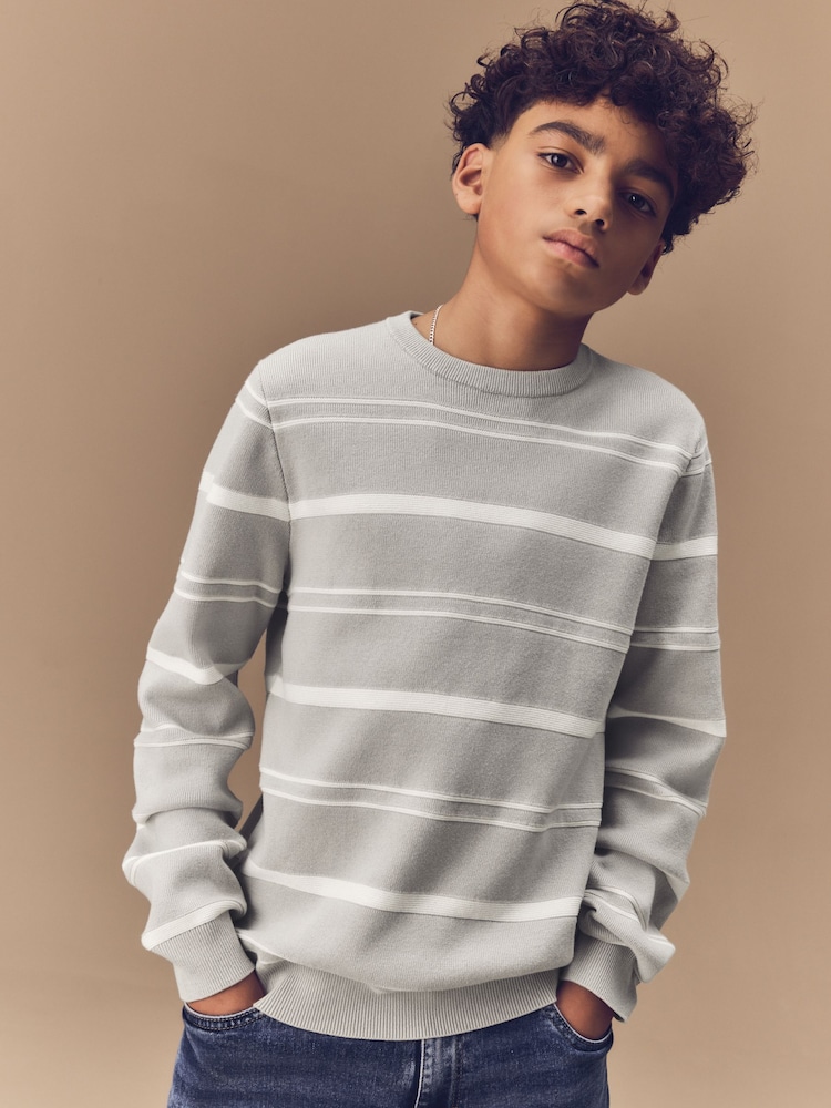 Light Grey Knitted Stripe Crew Neck 100% Cotton Jumper (3-16yrs) - Image 1 of 9