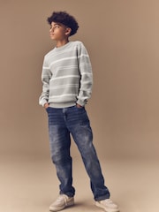 Light Grey Knitted Stripe Crew Neck 100% Cotton Jumper (3-16yrs) - Image 2 of 9